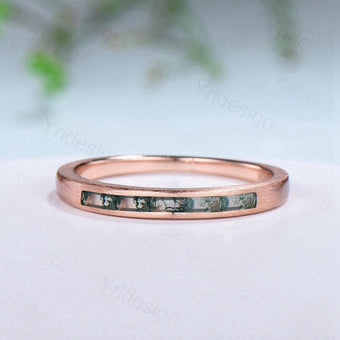 Hammered Moss Agate Wedding Ring Unique Minimalist Brushed Five Stone Wedding Band Women Tension Design Stacking Retro Vintage Stacking Ring - PENFINE