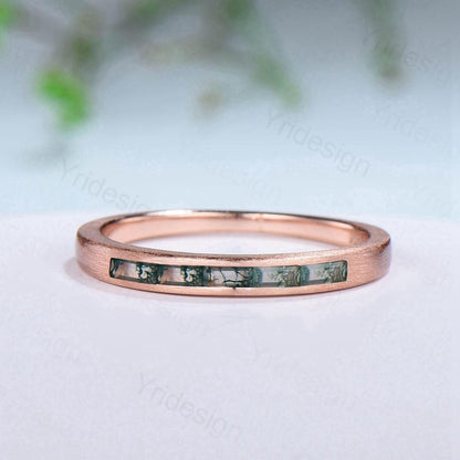 Hammered Moss Agate Wedding Ring Unique Minimalist Brushed Five Stone Wedding Band Women Tension Design Stacking Retro Vintage Stacking Ring - PENFINE