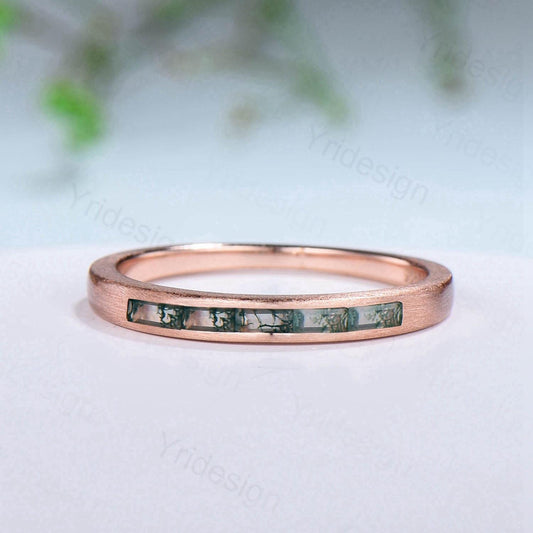 Hammered Moss Agate Wedding Ring Unique Minimalist Brushed Five Stone Wedding Band Women Tension Design Stacking Retro Vintage Stacking Ring - PENFINE