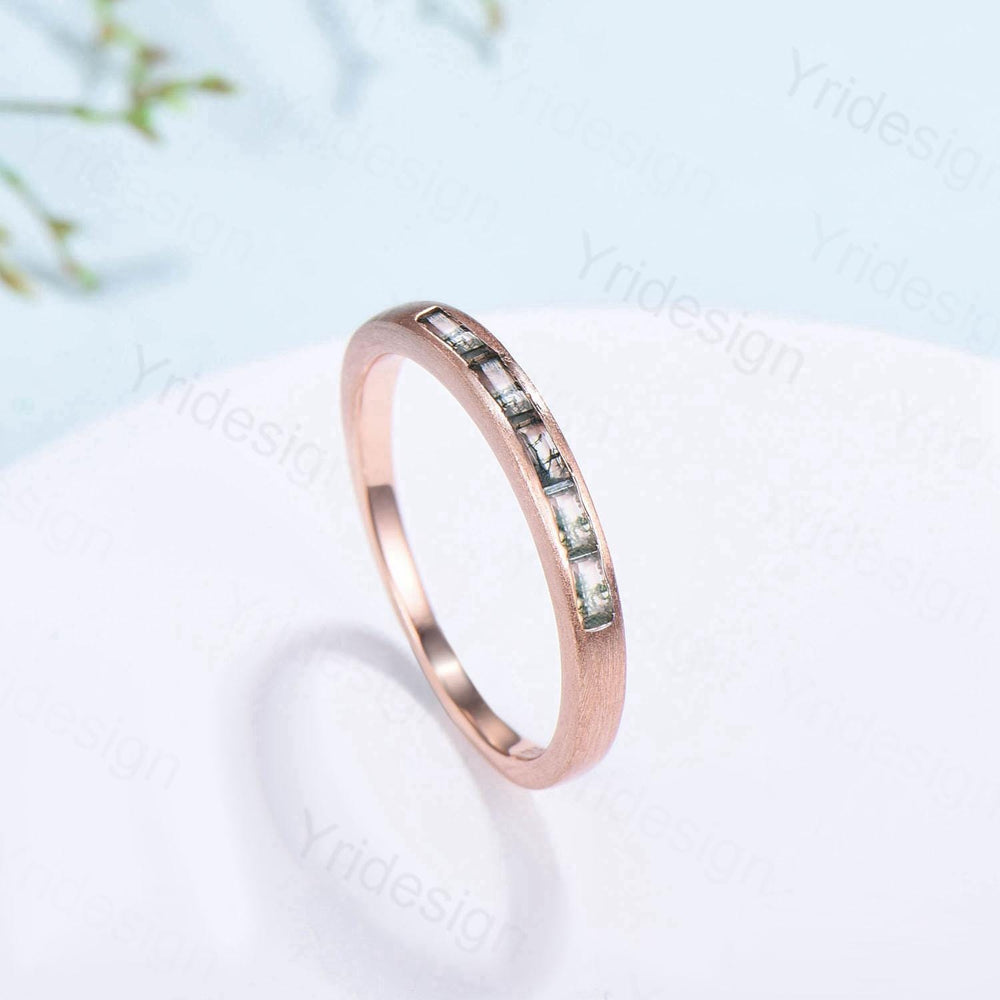 Hammered Moss Agate Wedding Ring Unique Minimalist Brushed Five Stone Wedding Band Women Tension Design Stacking Retro Vintage Stacking Ring - PENFINE