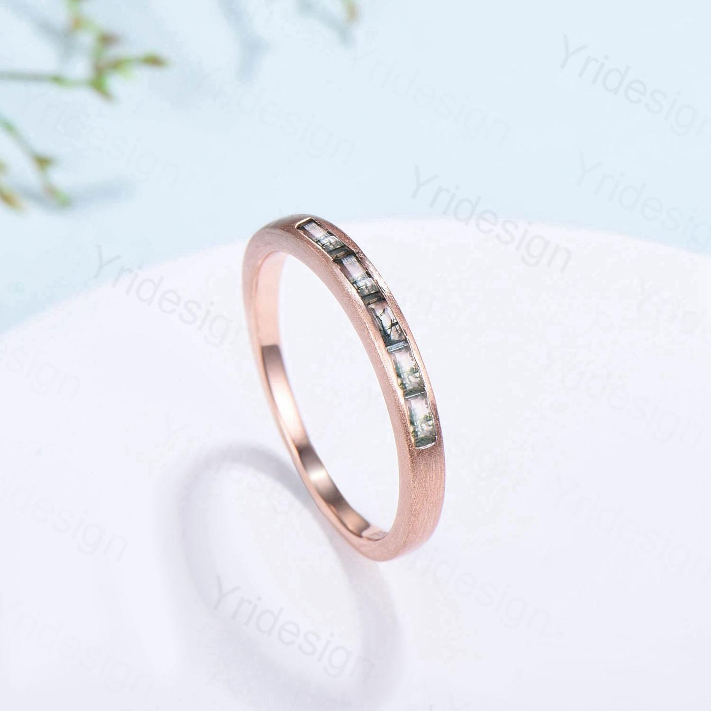 Hammered Moss Agate Wedding Ring Unique Minimalist Brushed Five Stone Wedding Band Women Tension Design Stacking Retro Vintage Stacking Ring - PENFINE