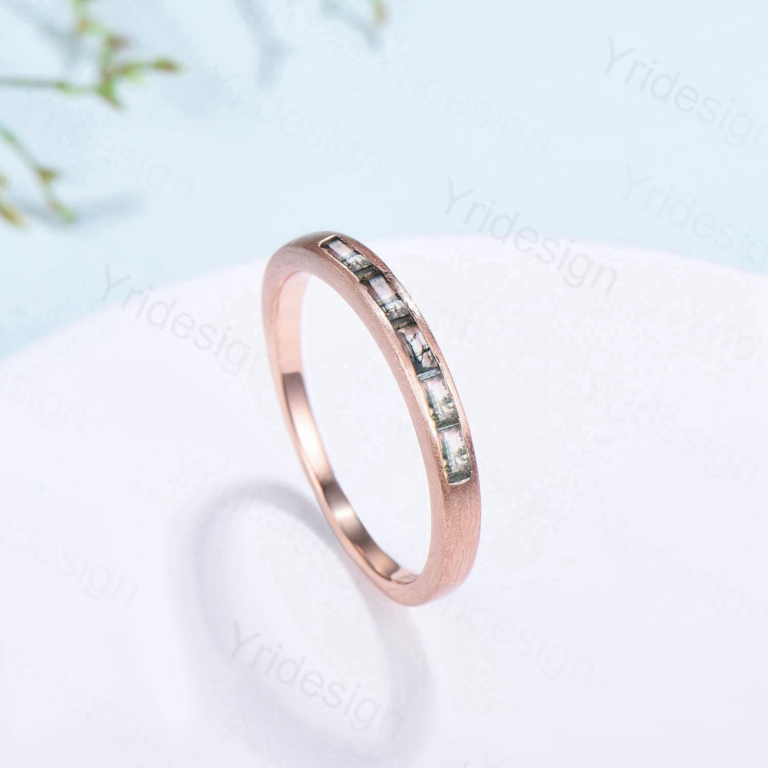 Hammered Moss Agate Wedding Ring Unique Minimalist Brushed Five Stone Wedding Band Women Tension Design Stacking Retro Vintage Stacking Ring - PENFINE