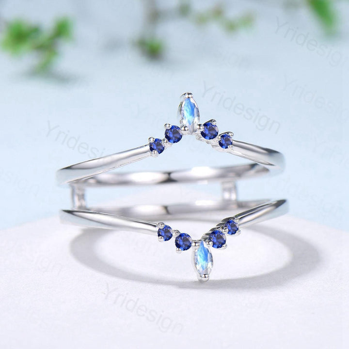 Double Curved Blue Sapphire Moonstone Wedding Band Sterling Silver Contour Enhancer Stacking Matching Nesting Band Jacket Anniversary Gifts - PENFINE