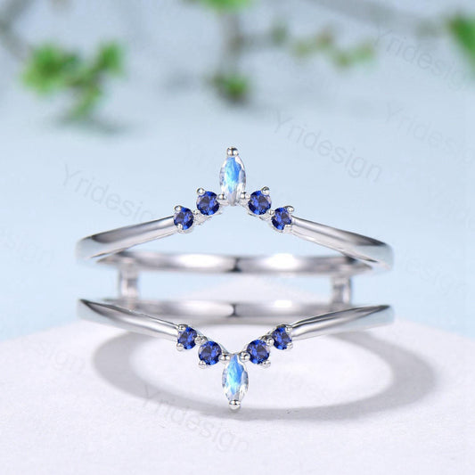 Double Curved Blue Sapphire Moonstone Wedding Band Sterling Silver Contour Enhancer Stacking Matching Nesting Band Jacket Anniversary Gifts - PENFINE