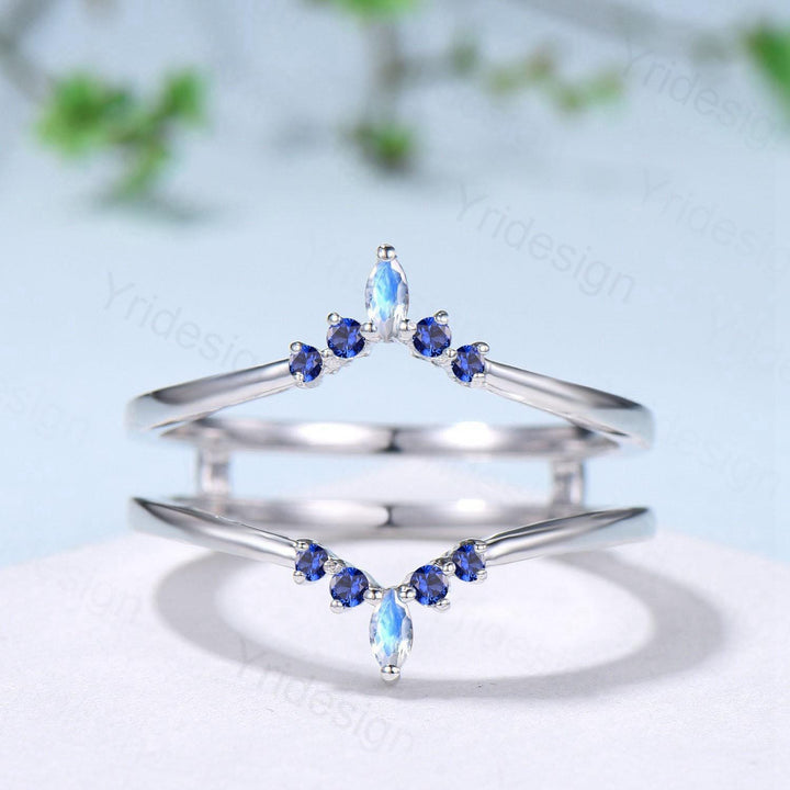 Double Curved Blue Sapphire Moonstone Wedding Band Sterling Silver Contour Enhancer Stacking Matching Nesting Band Jacket Anniversary Gifts - PENFINE