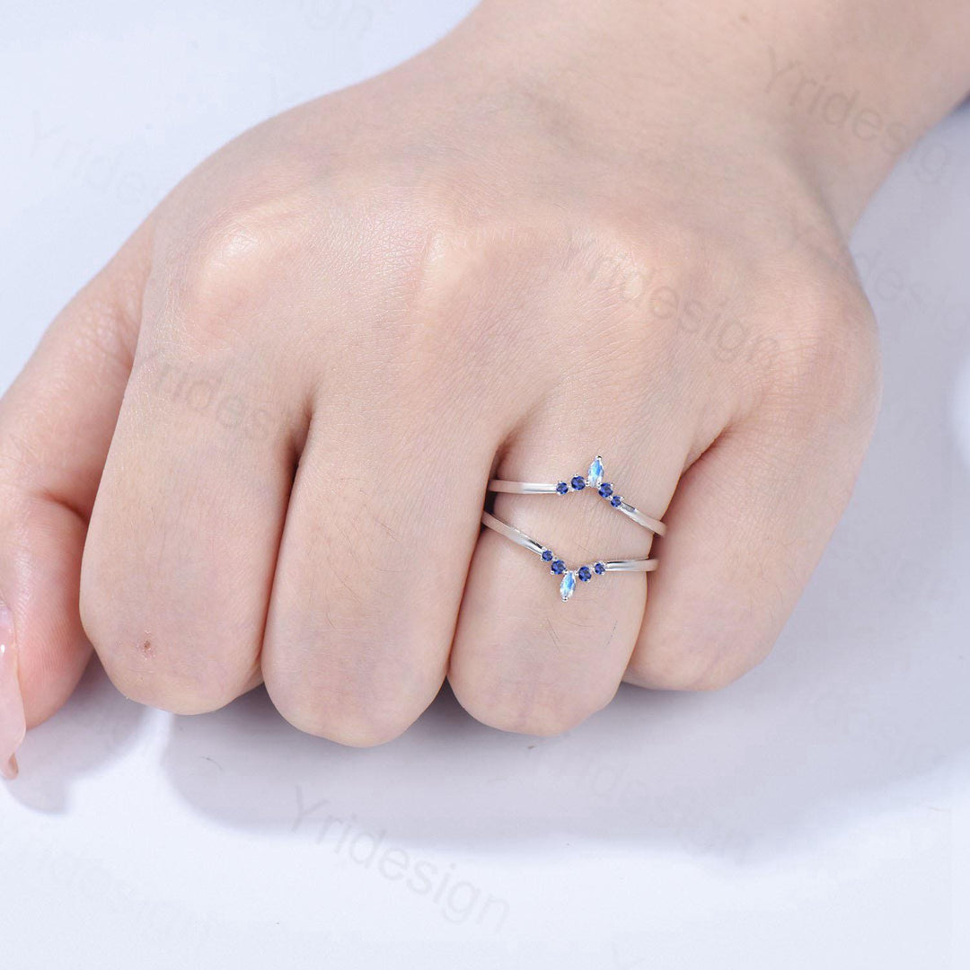 Double Curved Blue Sapphire Moonstone Wedding Band Sterling Silver Contour Enhancer Stacking Matching Nesting Band Jacket Anniversary Gifts - PENFINE