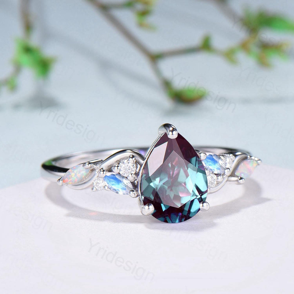 Vintage pear alexandrite engagement ring silver white gold color change stone ring cluster marquise opal moonstone wedding ring bridal gift - PENFINE