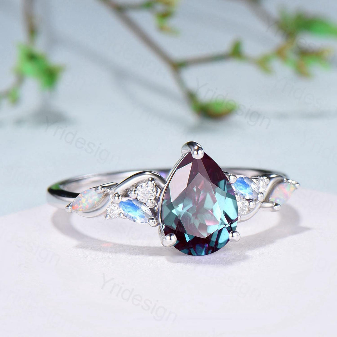 Vintage pear alexandrite engagement ring silver white gold color change stone ring cluster marquise opal moonstone wedding ring bridal gift - PENFINE