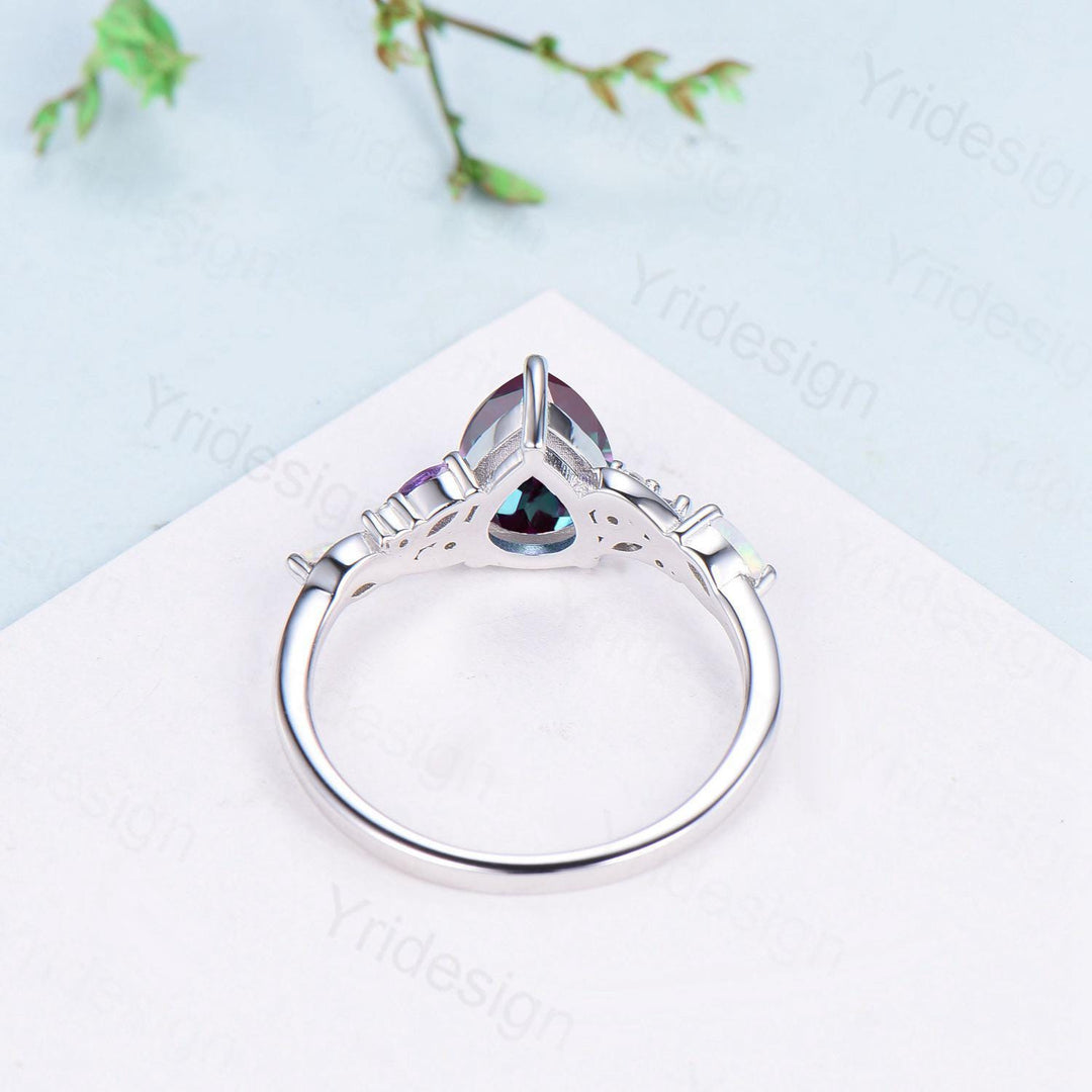 Vintage pear alexandrite engagement ring silver white gold color change stone ring cluster marquise opal moonstone wedding ring bridal gift - PENFINE