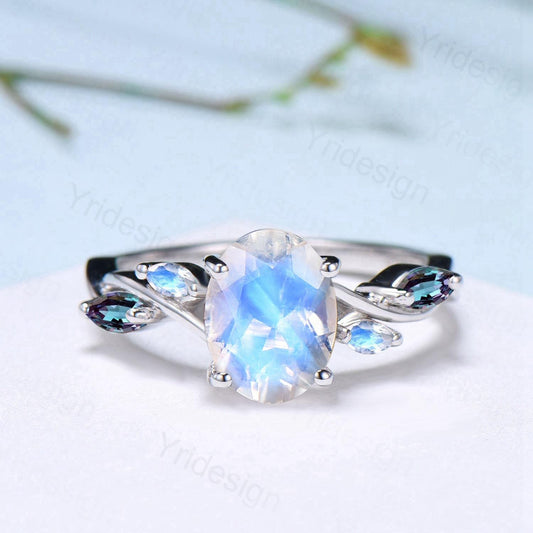Vintage Oval Natural Moonstone Engagement Ring Split Shank Alexandrite Wedding Ring Women June Birthstone Anniversary Ring Gift for Women - PENFINE