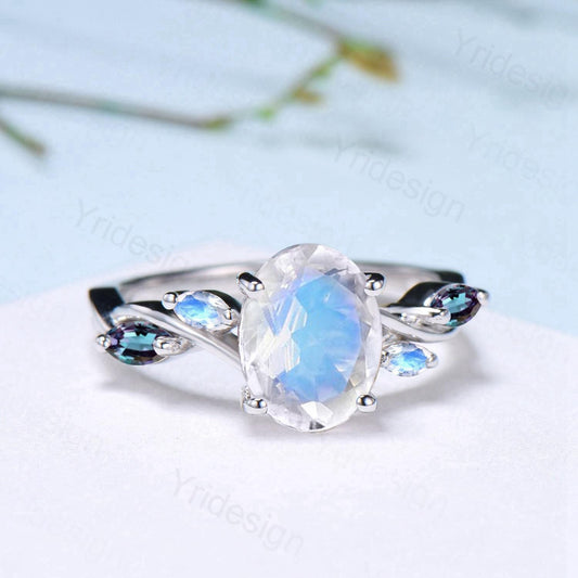 Vintage Oval Natural Moonstone Engagement Ring Split Shank Alexandrite Wedding Ring Women June Birthstone Anniversary Ring Gift for Women - PENFINE