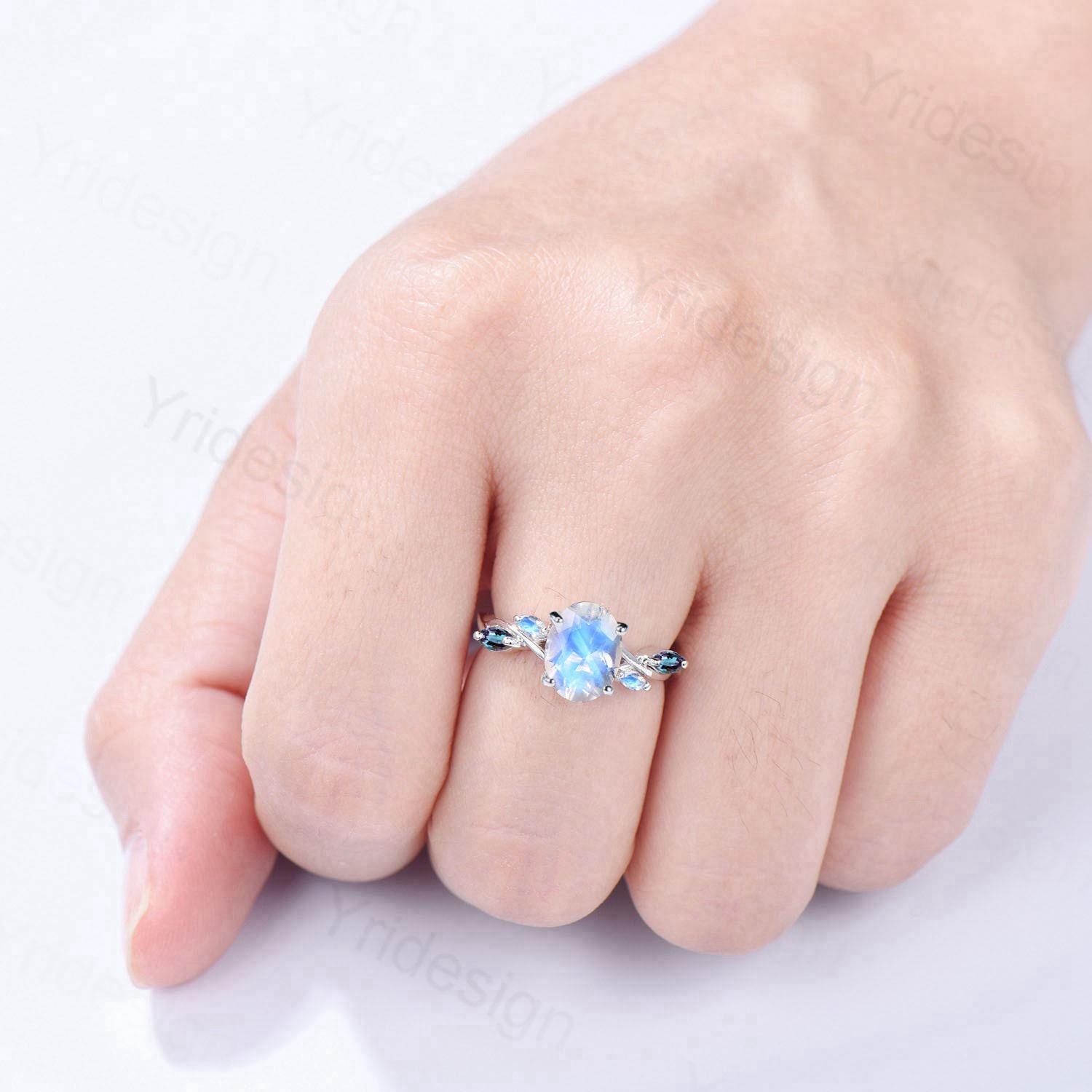 Vintage Oval Natural Moonstone Engagement Ring Split Shank Alexandrite Wedding Ring Women June Birthstone Anniversary Ring Gift for Women - PENFINE