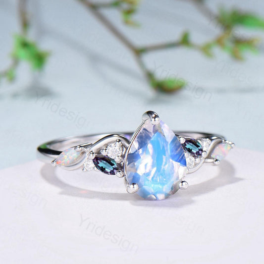 1.25ct Pear Natural Blue Moonstone Engagement Ring Vintage Color-Change Marquise Opal Alexandrite Wedding Ring June Birthstone Promise Gifts - PENFINE