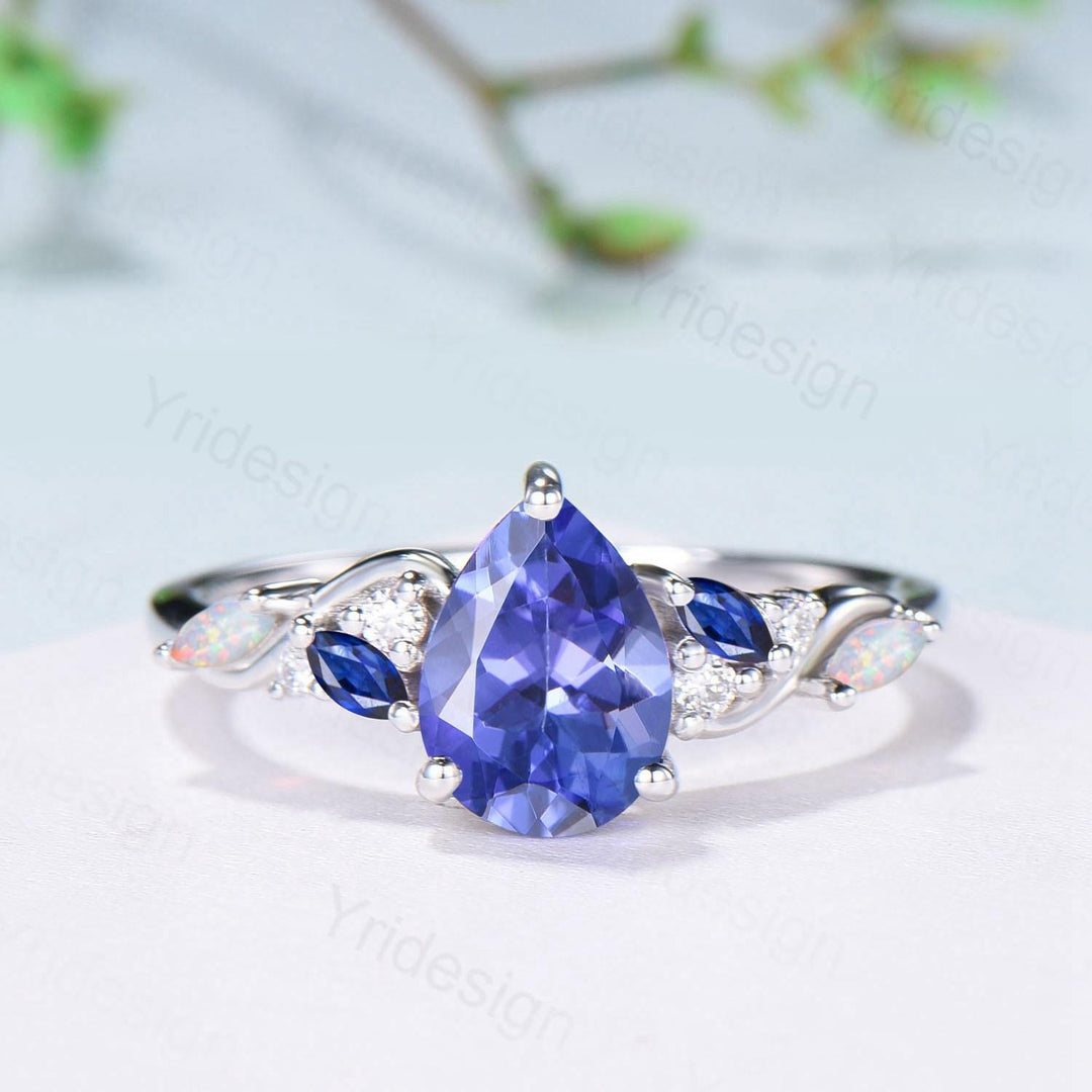 Unique Pear Cut Natural Tanzanite Engagement Ring Cluster Sapphire Opal Wedding Ring Platinum White Gold Handmade Anniversary Proposal Gift - PENFINE