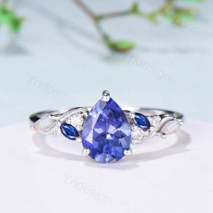 Unique Pear Cut Natural Tanzanite Engagement Ring Cluster Sapphire Opal Wedding Ring Platinum White Gold Handmade Anniversary Proposal Gift - PENFINE