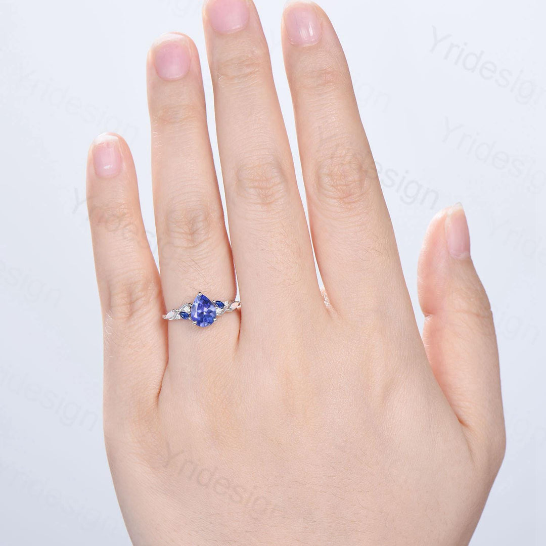Unique Pear Cut Natural Tanzanite Engagement Ring Cluster Sapphire Opal Wedding Ring Platinum White Gold Handmade Anniversary Proposal Gift - PENFINE