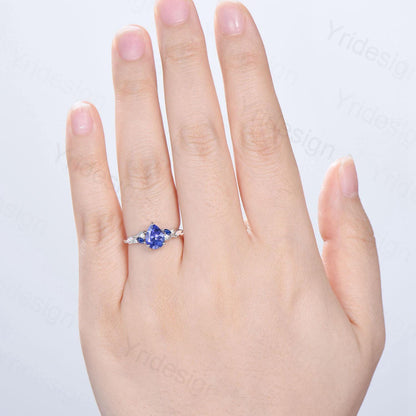 Unique Pear Cut Natural Tanzanite Engagement Ring Cluster Sapphire Opal Wedding Ring Platinum White Gold Handmade Anniversary Proposal Gift - PENFINE