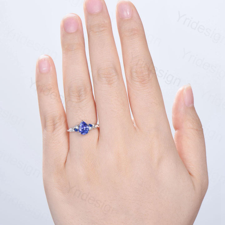 Unique Pear Cut Natural Tanzanite Engagement Ring Cluster Sapphire Opal Wedding Ring Platinum White Gold Handmade Anniversary Proposal Gift - PENFINE