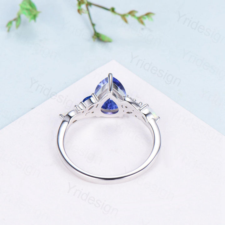 Unique Pear Cut Natural Tanzanite Engagement Ring Cluster Sapphire Opal Wedding Ring Platinum White Gold Handmade Anniversary Proposal Gift - PENFINE