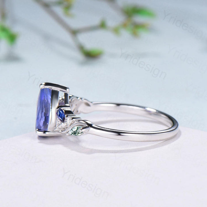 Unique Pear Cut Natural Tanzanite Engagement Ring Cluster Sapphire Opal Wedding Ring Platinum White Gold Handmade Anniversary Proposal Gift - PENFINE