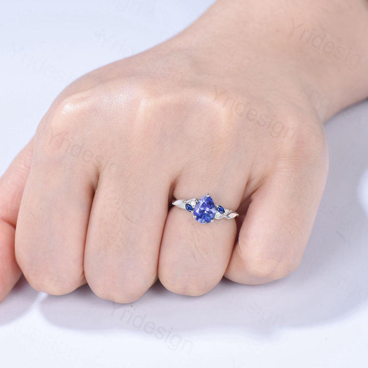 Unique Pear Cut Natural Tanzanite Engagement Ring Cluster Sapphire Opal Wedding Ring Platinum White Gold Handmade Anniversary Proposal Gift - PENFINE