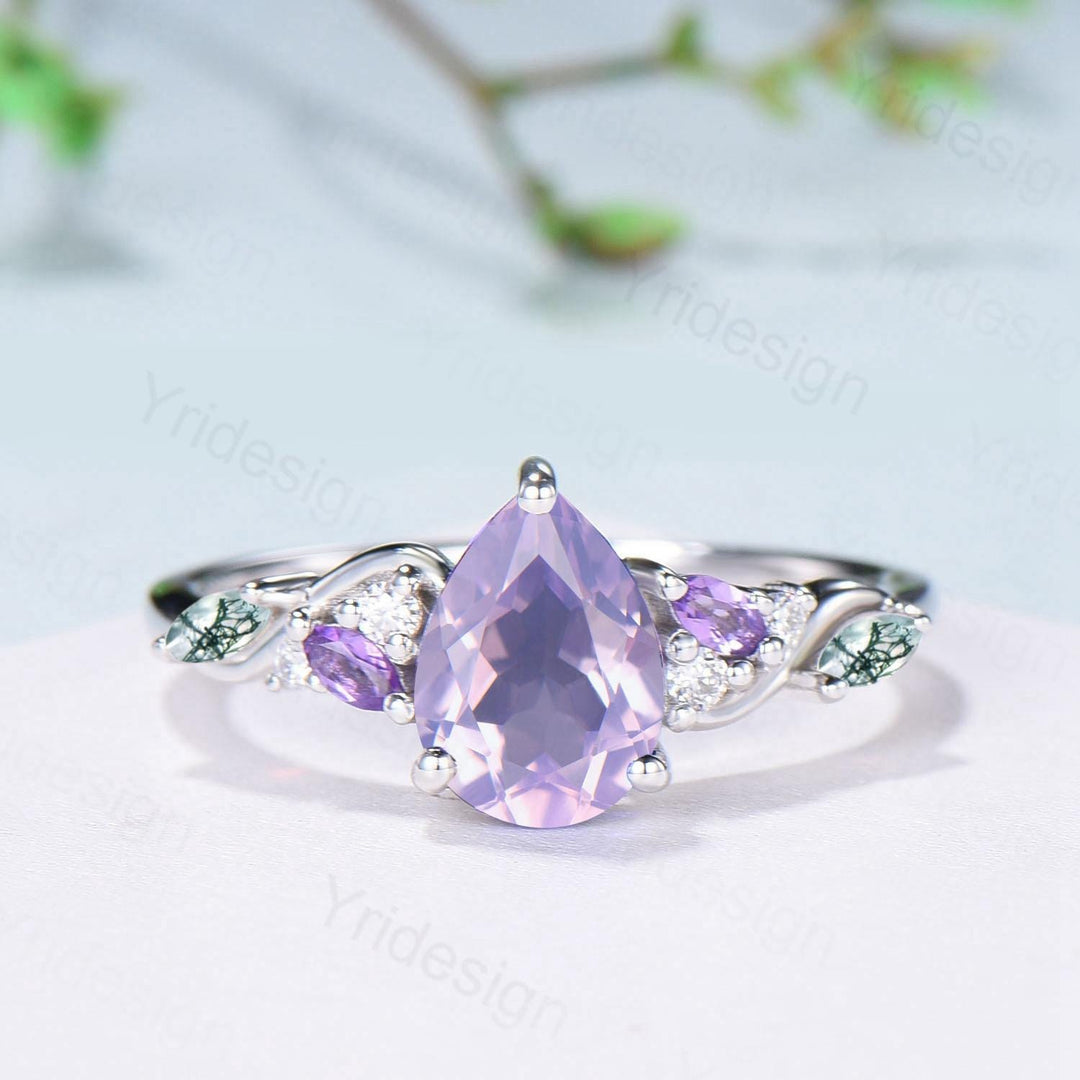 Art Deco Pear Shaped Lavender Amethyst Engagement Ring Split Shank Moss Agate Wedding Ring Vintage Handmade Anniversary Ring Gift for Women - PENFINE