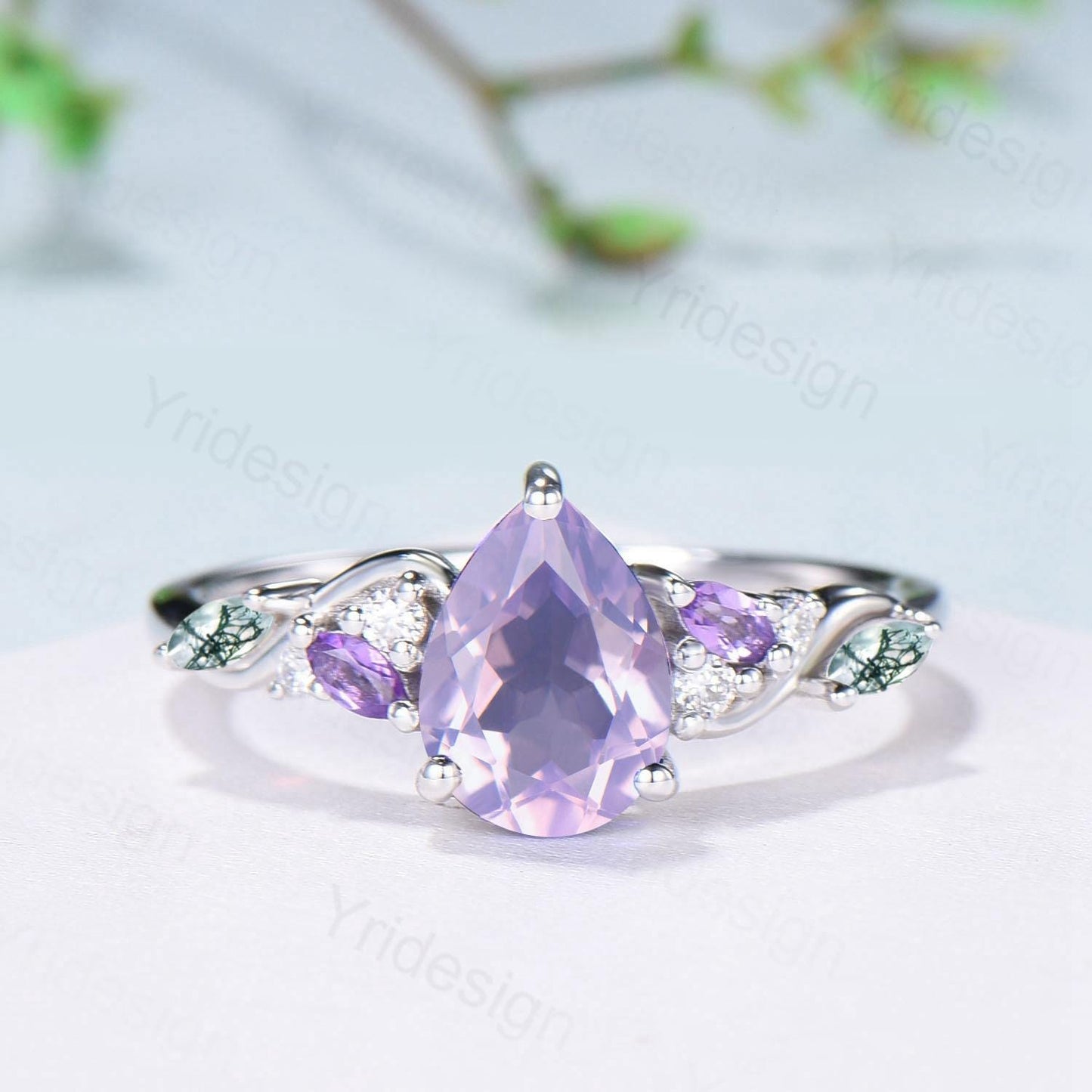 Art Deco Pear Shaped Lavender Amethyst Engagement Ring Split Shank Moss Agate Wedding Ring Vintage Handmade Anniversary Ring Gift for Women - PENFINE