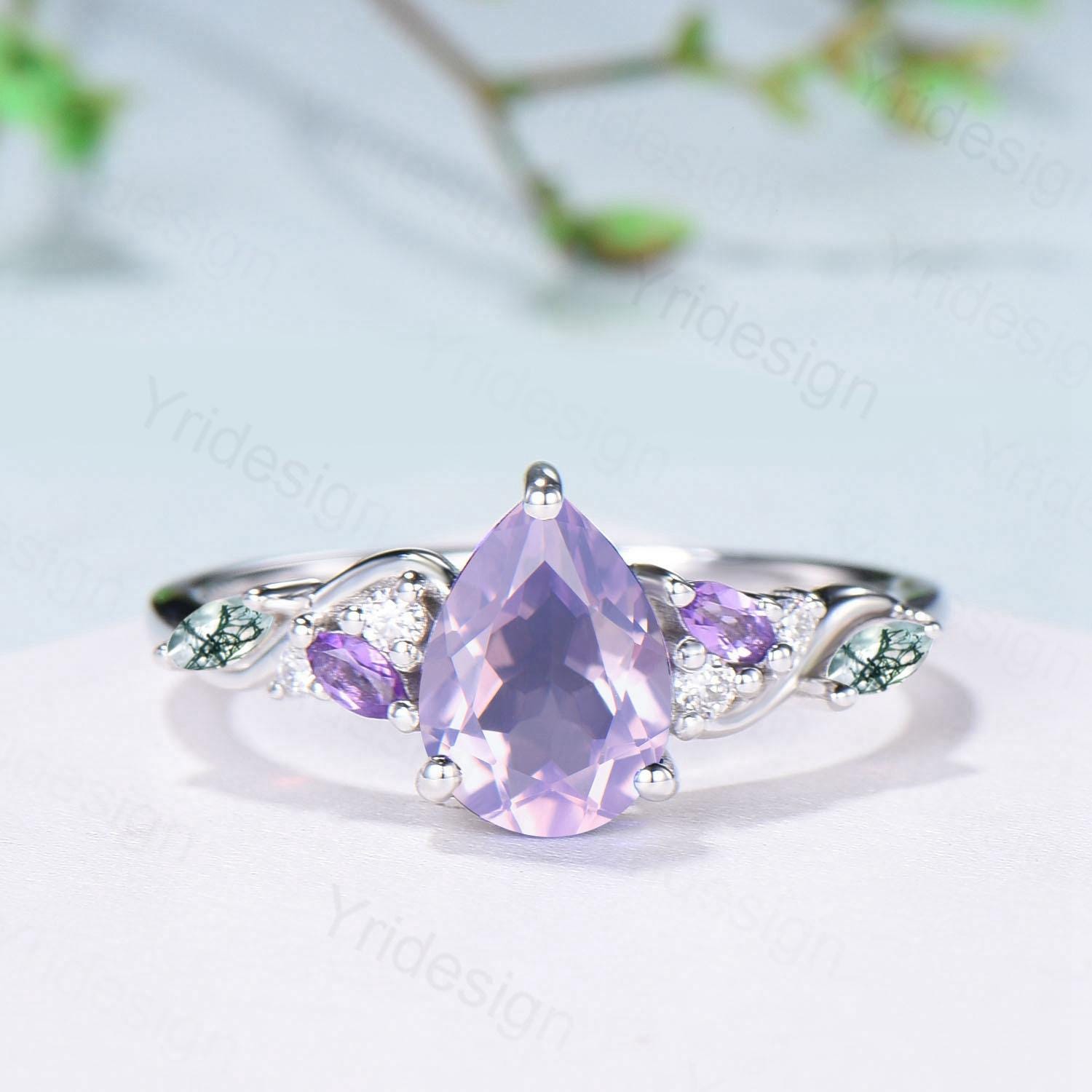 Art Deco Pear Shaped Lavender Amethyst Engagement Ring Split Shank Moss Agate Wedding Ring Vintage Handmade Anniversary Ring Gift for Women - PENFINE