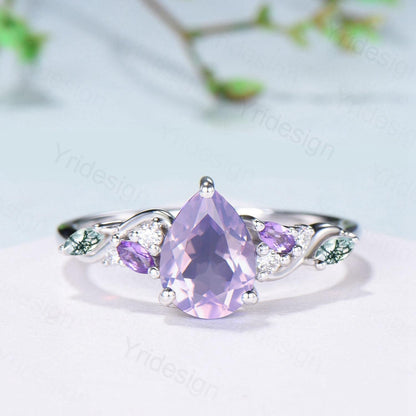 Art Deco Pear Shaped Lavender Amethyst Engagement Ring Split Shank Moss Agate Wedding Ring Vintage Handmade Anniversary Ring Gift for Women - PENFINE
