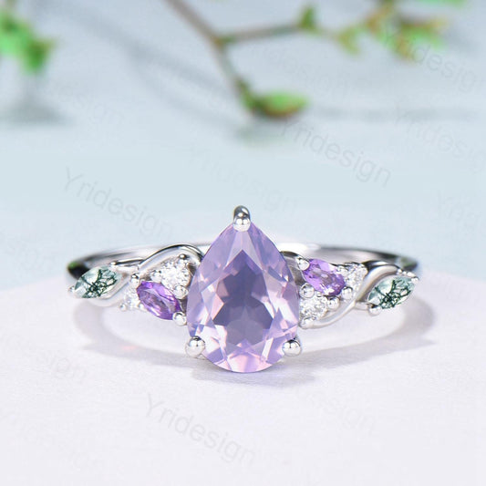 Art Deco Pear Shaped Lavender Amethyst Engagement Ring Split Shank Moss Agate Wedding Ring Vintage Handmade Anniversary Ring Gift for Women - PENFINE