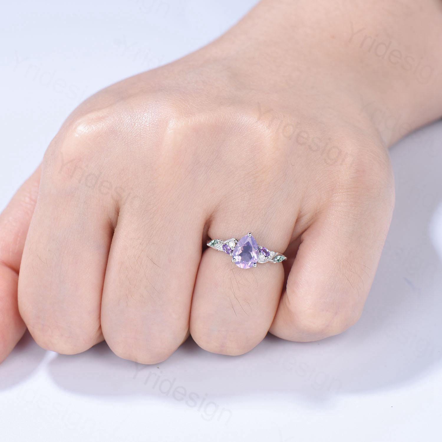 Art Deco Pear Shaped Lavender Amethyst Engagement Ring Split Shank Moss Agate Wedding Ring Vintage Handmade Anniversary Ring Gift for Women - PENFINE
