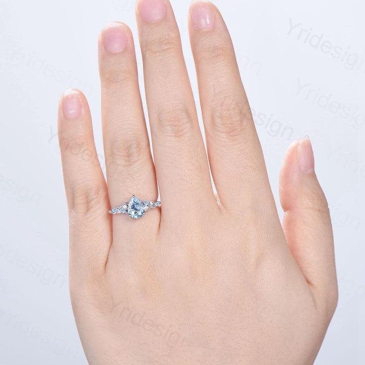 1.25ct Pear Natural Aquamarine Engagement Ring Vintage Marquise March Birthstone Wedding Ring Antique Anniversary Promise Ring Jewelry Gifts - PENFINE