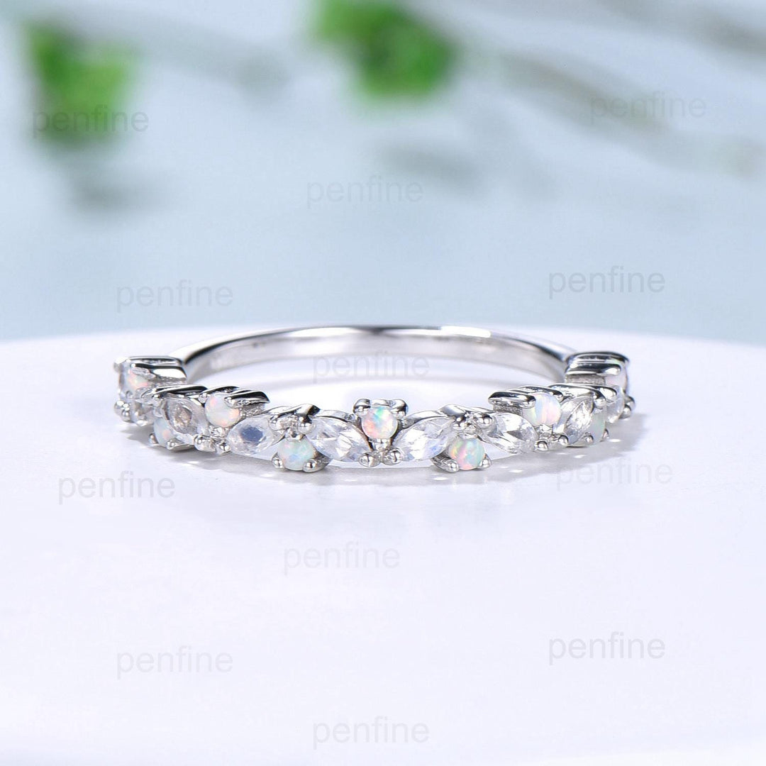 Vintage Marquise Moonstone Opal Wedding Band, 14k Yellow Gold Stacking Ring - PENFINE