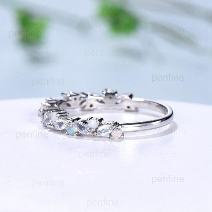 Vintage Marquise Moonstone Opal Wedding Band, 14k Yellow Gold Stacking Ring - PENFINE