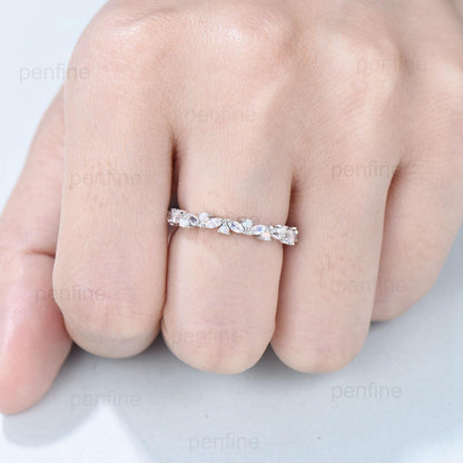 Vintage Marquise Moonstone Opal Wedding Band, 14k Yellow Gold Stacking Ring - PENFINE