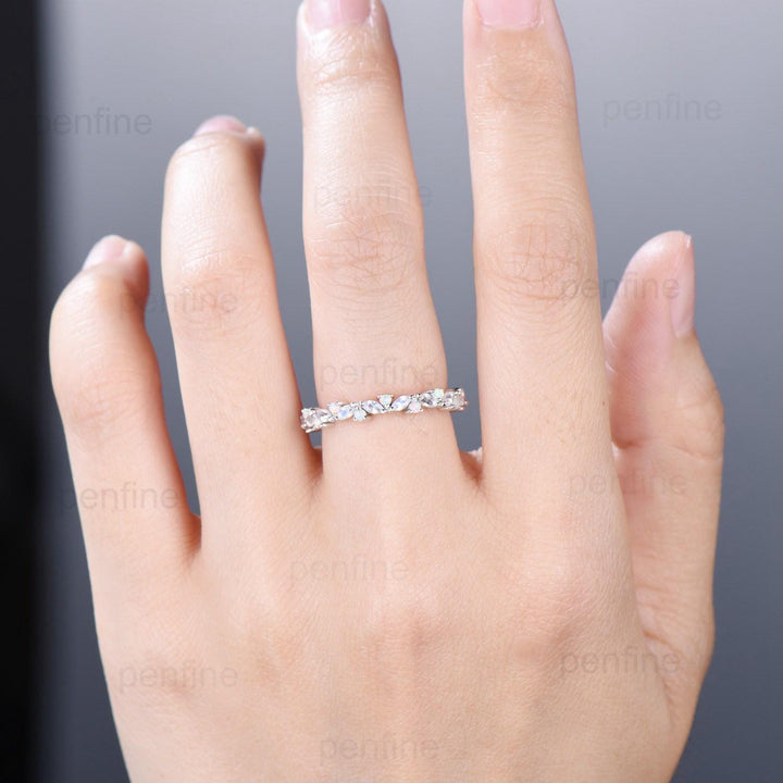 Vintage Marquise Moonstone Opal Wedding Band, 14k Yellow Gold Stacking Ring - PENFINE