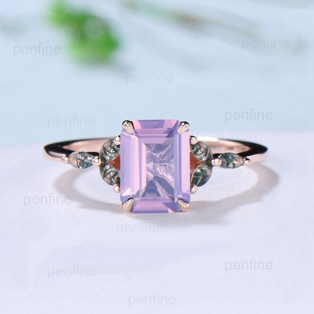 Vintage Emerald Cut Natural Lavender Amethyst Engagement Ring Marquise Cut Moss Agate Ring Silver Rose Gold Retro Anniversary Promise Gift - PENFINE