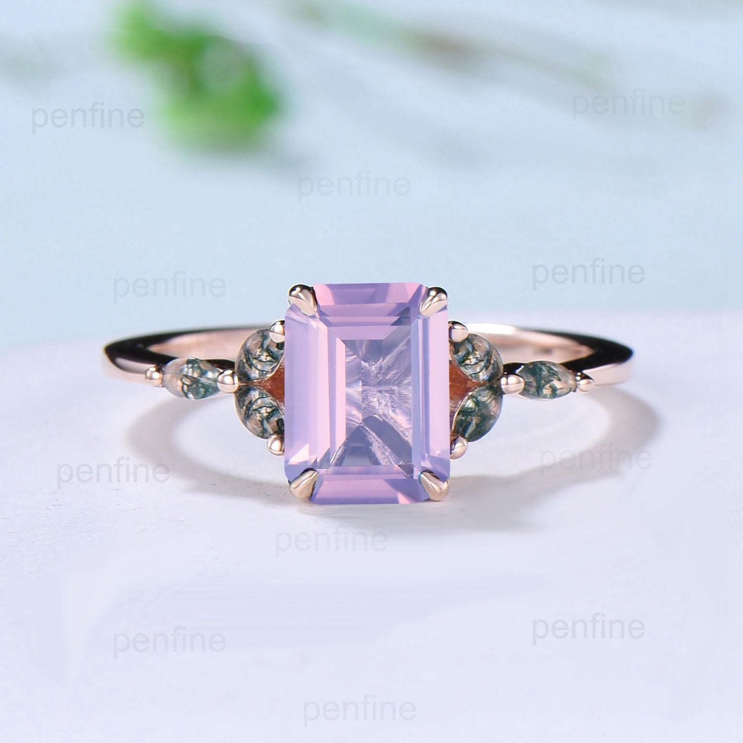 Vintage Emerald Cut Natural Lavender Amethyst Engagement Ring Marquise Cut Moss Agate Ring Silver Rose Gold Retro Anniversary Promise Gift - PENFINE