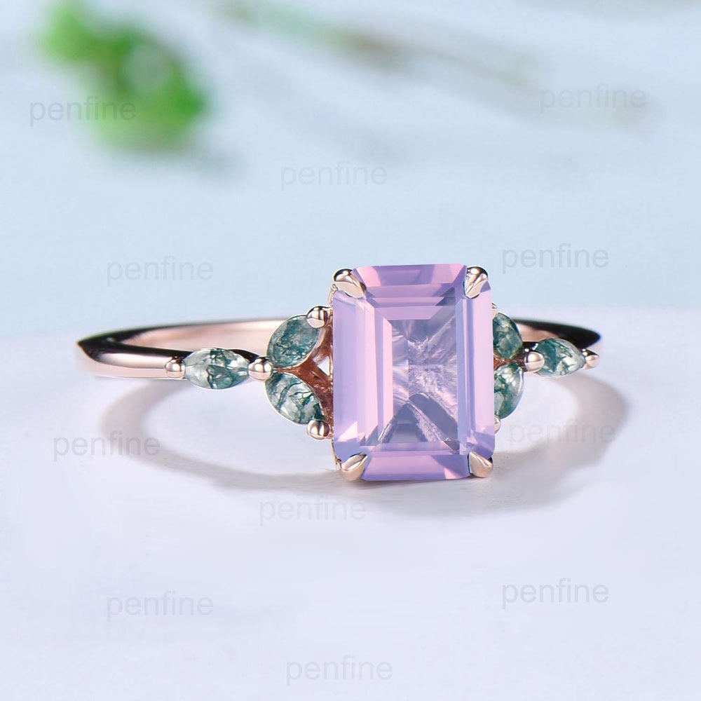 Vintage Emerald Cut Natural Lavender Amethyst Engagement Ring Marquise Cut Moss Agate Ring Silver Rose Gold Retro Anniversary Promise Gift - PENFINE
