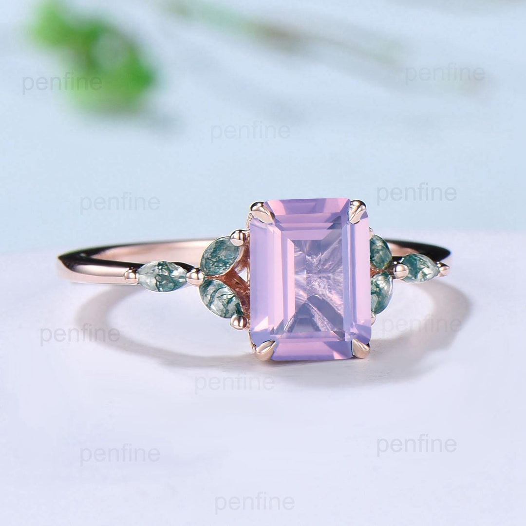 Vintage Emerald Cut Natural Lavender Amethyst Engagement Ring Marquise Cut Moss Agate Ring Silver Rose Gold Retro Anniversary Promise Gift - PENFINE