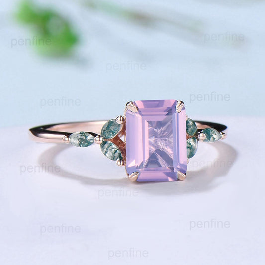 Vintage Emerald Cut Natural Lavender Amethyst Engagement Ring Marquise Cut Moss Agate Ring Silver Rose Gold Retro Anniversary Promise Gift - PENFINE