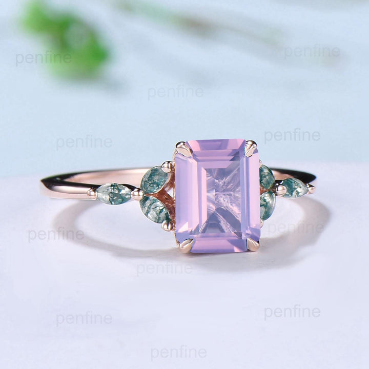 Vintage Emerald Cut Natural Lavender Amethyst Engagement Ring Marquise Cut Moss Agate Ring Silver Rose Gold Retro Anniversary Promise Gift - PENFINE