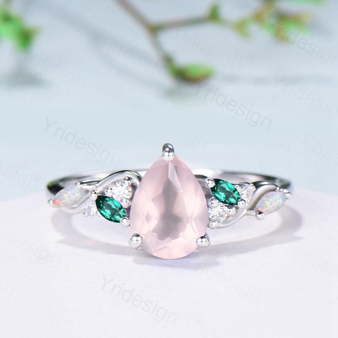 1.25ct Pear Natural Rose Quartz Engagement Ring Vintage Pink Quartz Marquise Opal Emerald Wedding Ring Handmade Anniversary Promise Gifts - PENFINE