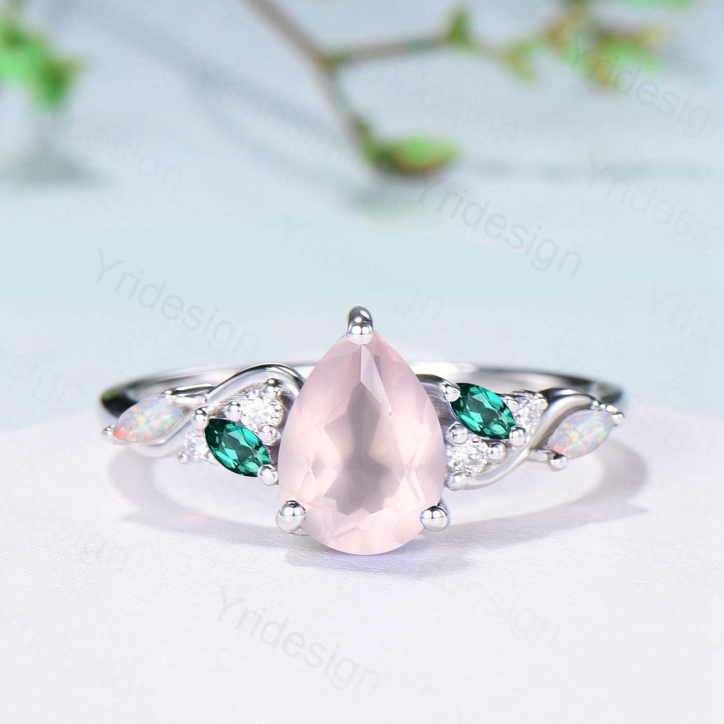 1.25ct Pear Natural Rose Quartz Engagement Ring Vintage Pink Quartz Marquise Opal Emerald Wedding Ring Handmade Anniversary Promise Gifts - PENFINE