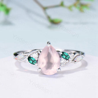 1.25ct Pear Natural Rose Quartz Engagement Ring Vintage Pink Quartz Marquise Opal Emerald Wedding Ring Handmade Anniversary Promise Gifts - PENFINE