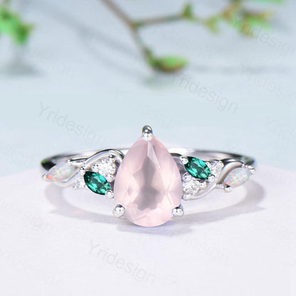 1.25ct Pear Natural Rose Quartz Engagement Ring Vintage Pink Quartz Marquise Opal Emerald Wedding Ring Handmade Anniversary Promise Gifts - PENFINE