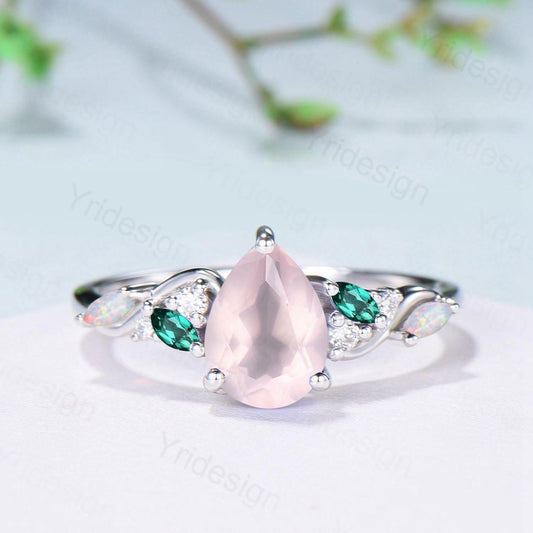 1.25ct Pear Natural Rose Quartz Engagement Ring Vintage Pink Quartz Marquise Opal Emerald Wedding Ring Handmade Anniversary Promise Gifts - PENFINE