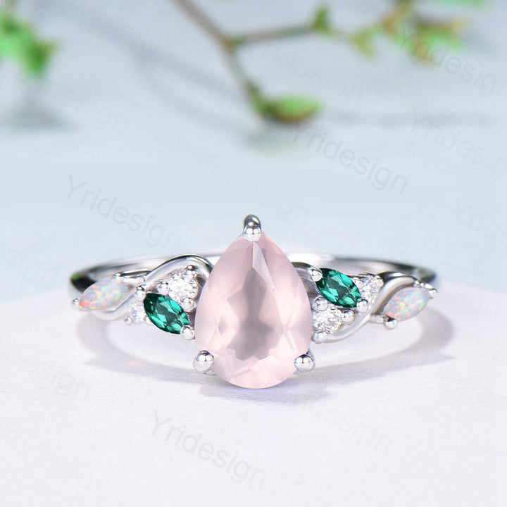 1.25ct Pear Natural Rose Quartz Engagement Ring Vintage Pink Quartz Marquise Opal Emerald Wedding Ring Handmade Anniversary Promise Gifts - PENFINE