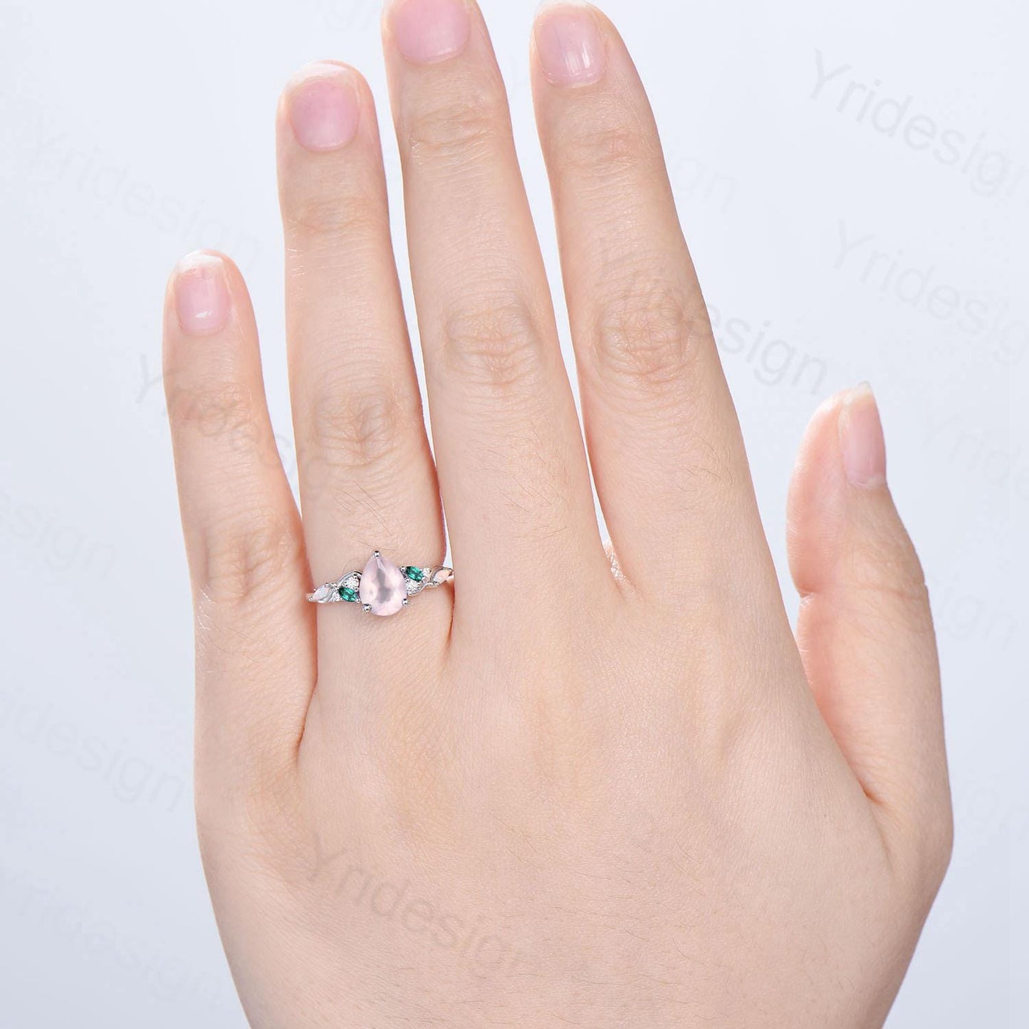 1.25ct Pear Natural Rose Quartz Engagement Ring Vintage Pink Quartz Marquise Opal Emerald Wedding Ring Handmade Anniversary Promise Gifts - PENFINE