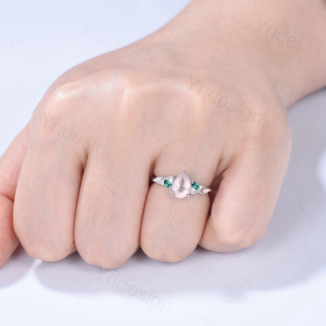1.25ct Pear Natural Rose Quartz Engagement Ring Vintage Pink Quartz Marquise Opal Emerald Wedding Ring Handmade Anniversary Promise Gifts - PENFINE